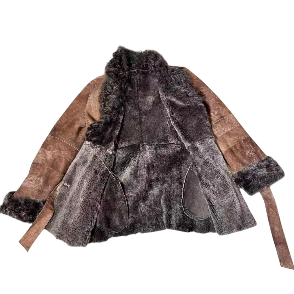OTTO SHEEPSKIN SHEARLING LEATHER FUR COAT JACKET BELTED BROWN SIZE M