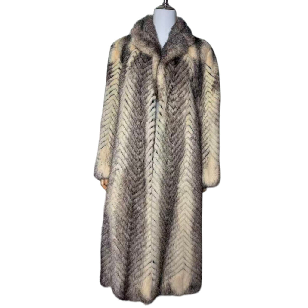 PALODY RARE GREY WHITE MINK FUR COAT CHEVRON HERRINGBONE LONG JACKET M
