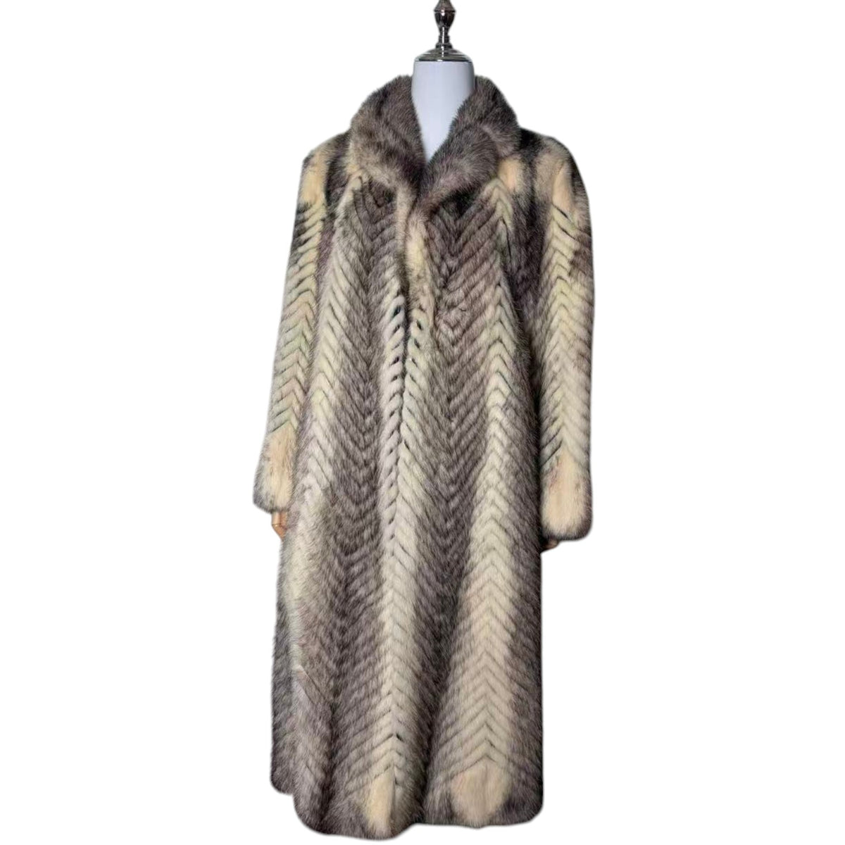 PALODY RARE GREY WHITE MINK FUR COAT CHEVRON HERRINGBONE LONG JACKET M