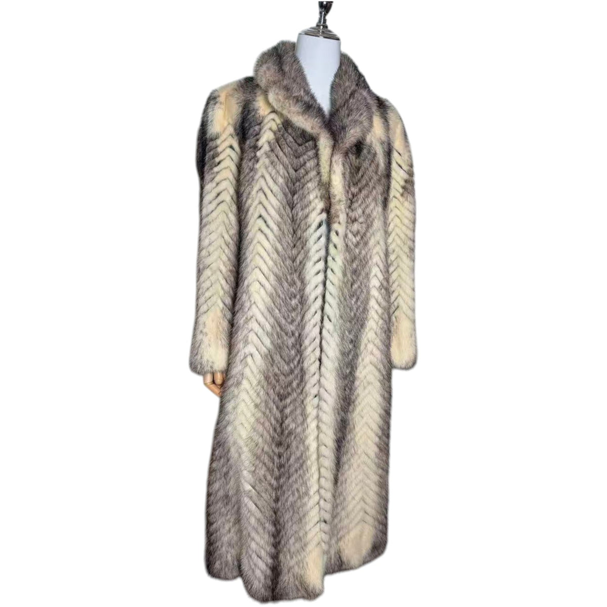 PALODY RARE GREY WHITE MINK FUR COAT CHEVRON HERRINGBONE LONG JACKET M