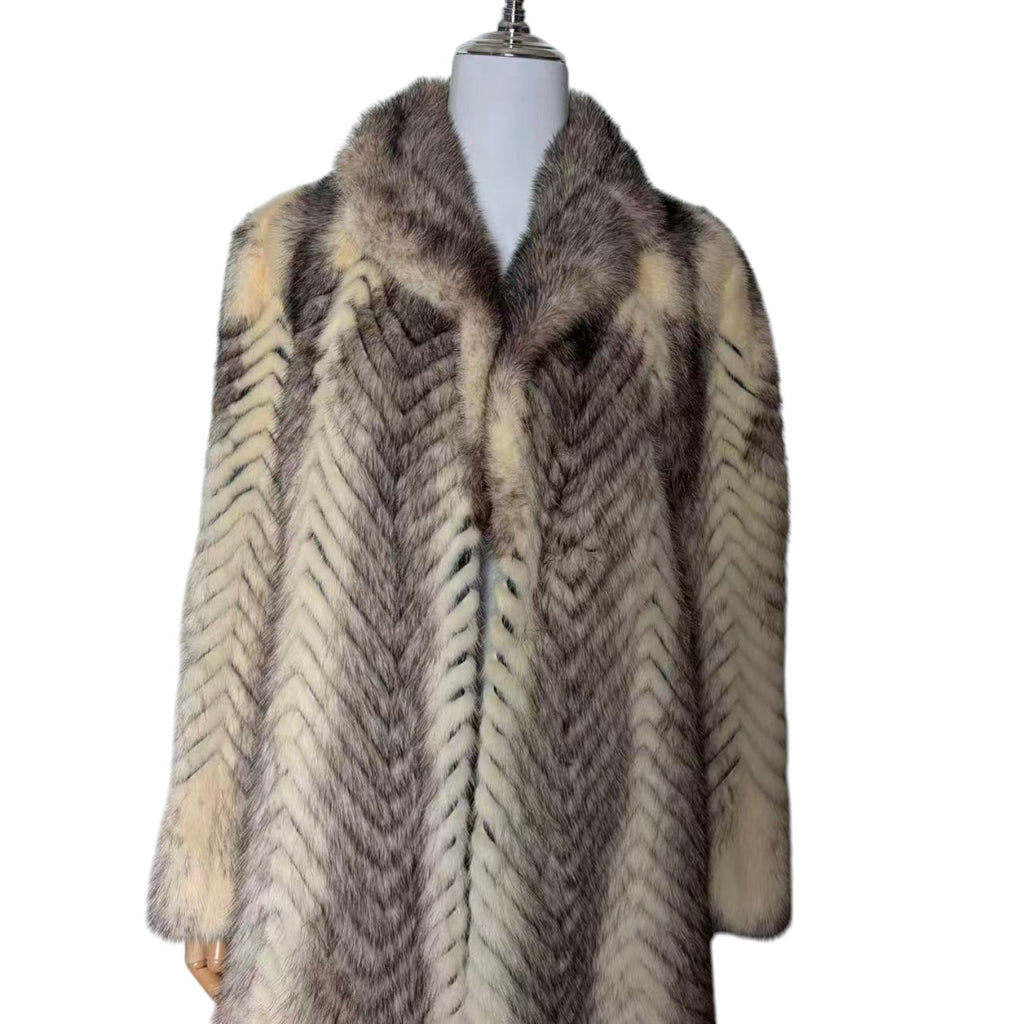 PALODY RARE GREY WHITE MINK FUR COAT CHEVRON HERRINGBONE LONG JACKET M