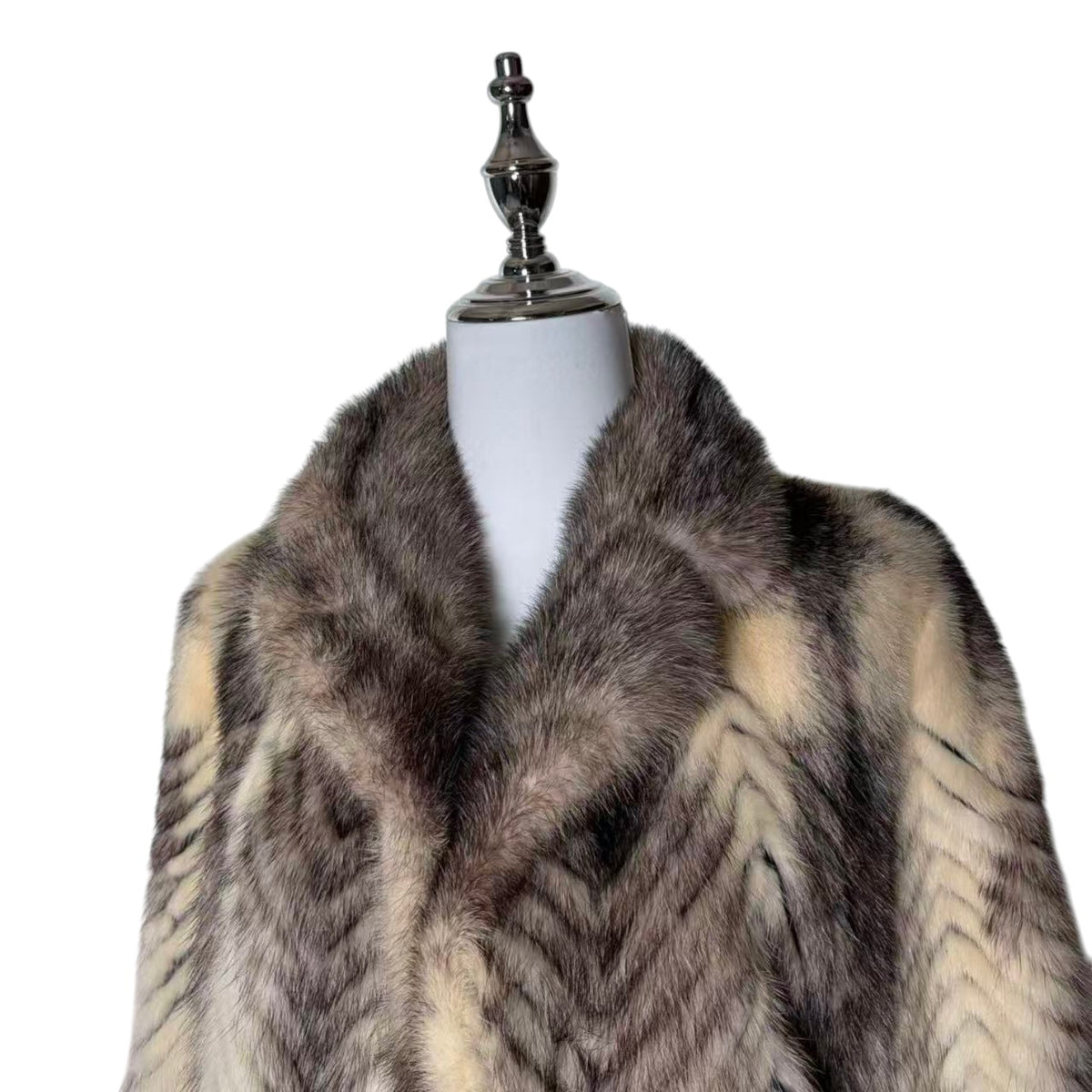PALODY RARE GREY WHITE MINK FUR COAT CHEVRON HERRINGBONE LONG JACKET M