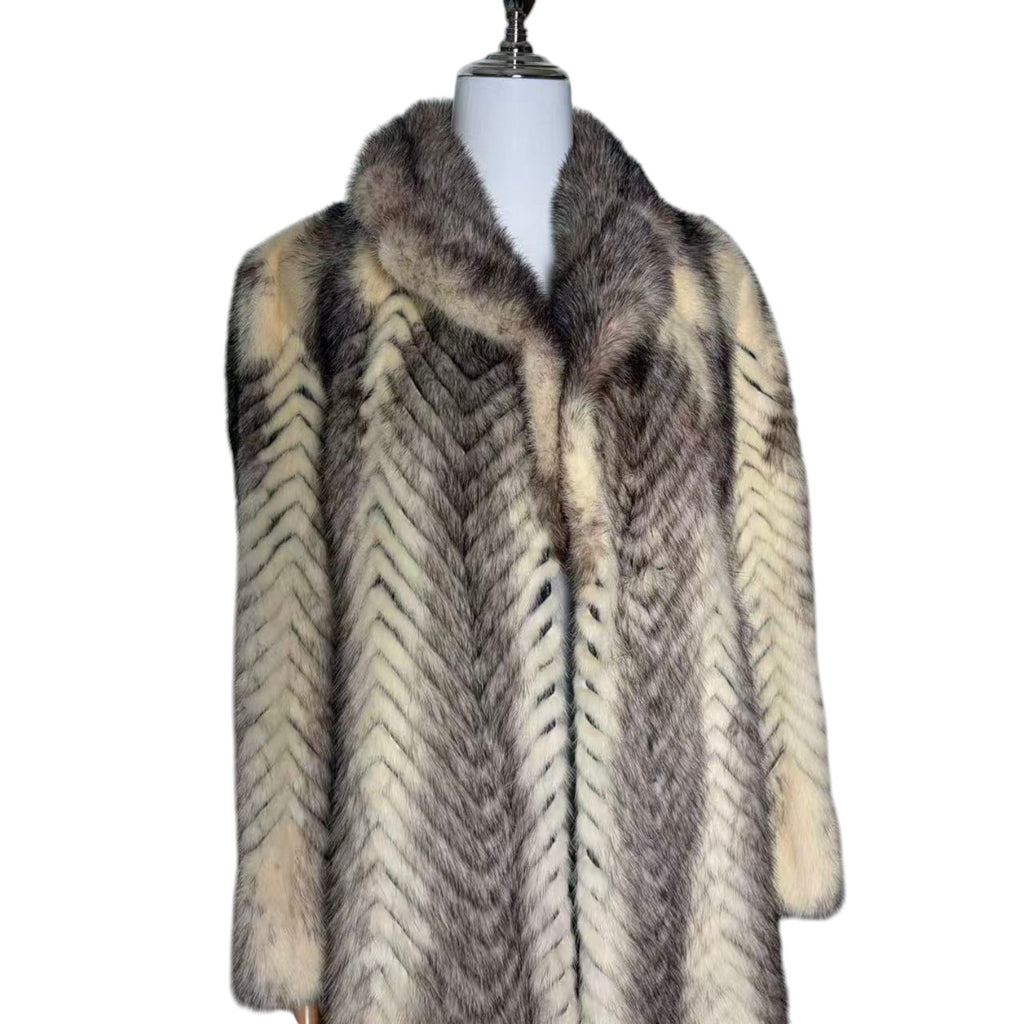 PALODY RARE GREY WHITE MINK FUR COAT CHEVRON HERRINGBONE LONG JACKET M