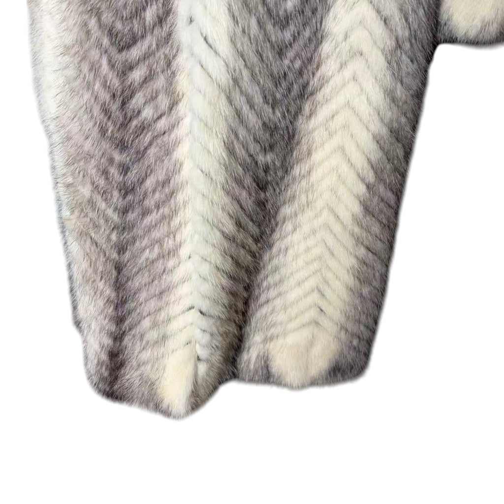 PALODY RARE GREY WHITE MINK FUR COAT CHEVRON HERRINGBONE LONG JACKET M