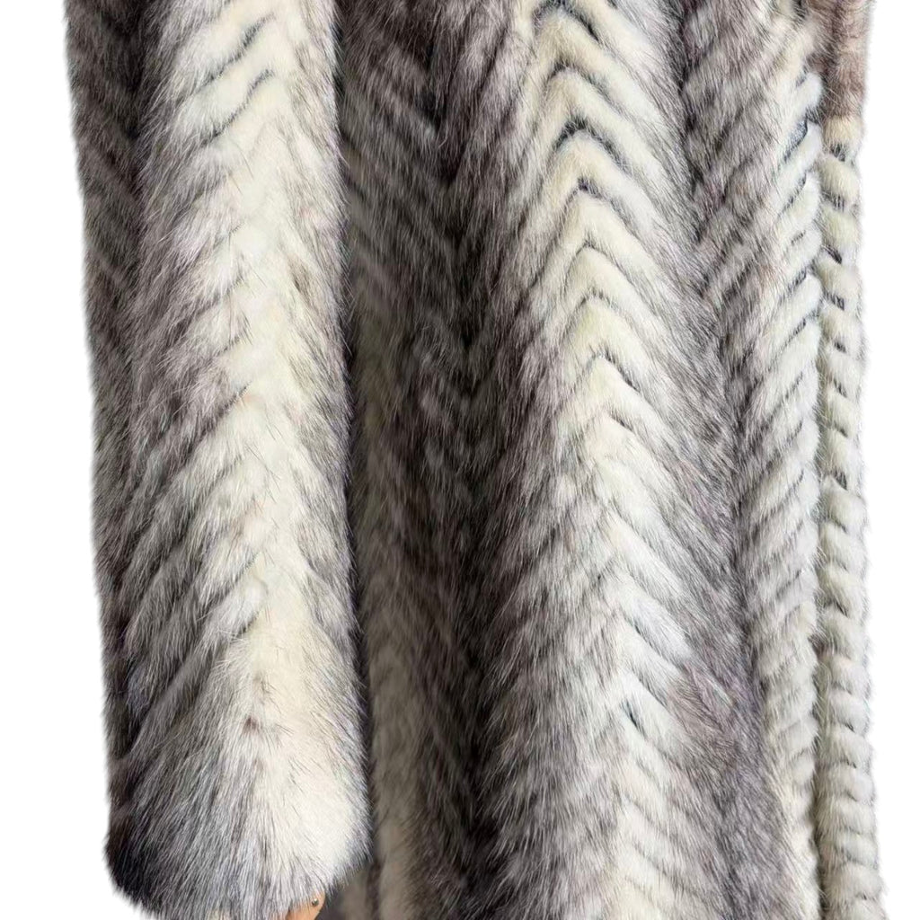 PALODY RARE GREY WHITE MINK FUR COAT CHEVRON HERRINGBONE LONG JACKET M