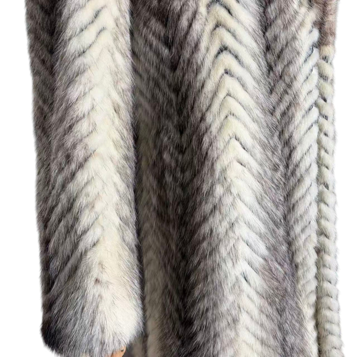 PALODY RARE GREY WHITE MINK FUR COAT CHEVRON HERRINGBONE LONG JACKET M