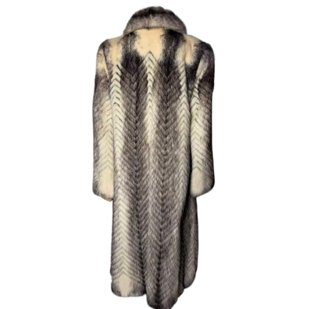 PALODY RARE GREY WHITE MINK FUR COAT CHEVRON HERRINGBONE LONG JACKET M