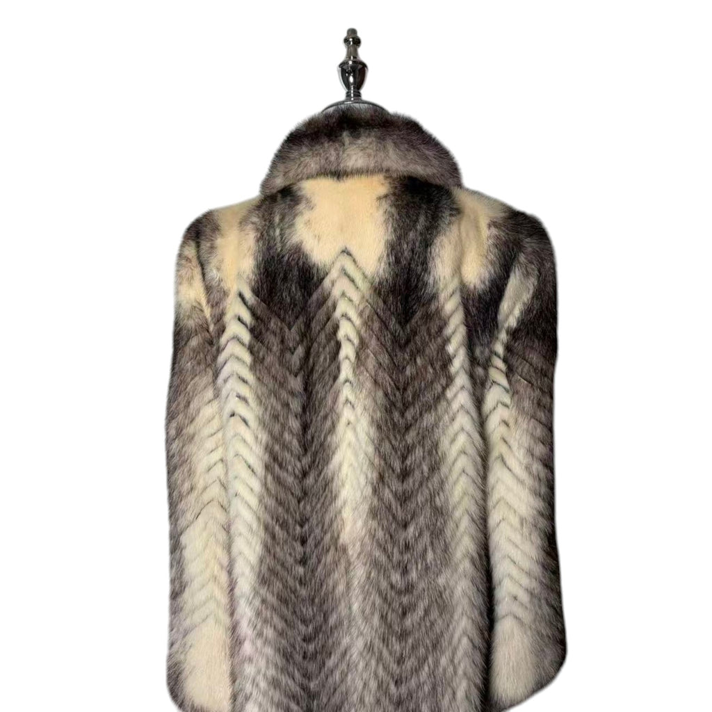 PALODY RARE GREY WHITE MINK FUR COAT CHEVRON HERRINGBONE LONG JACKET M