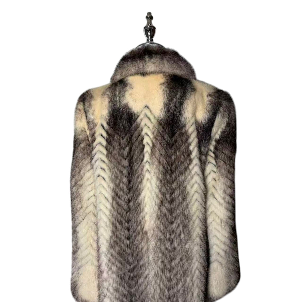 PALODY RARE GREY WHITE MINK FUR COAT CHEVRON HERRINGBONE LONG JACKET M