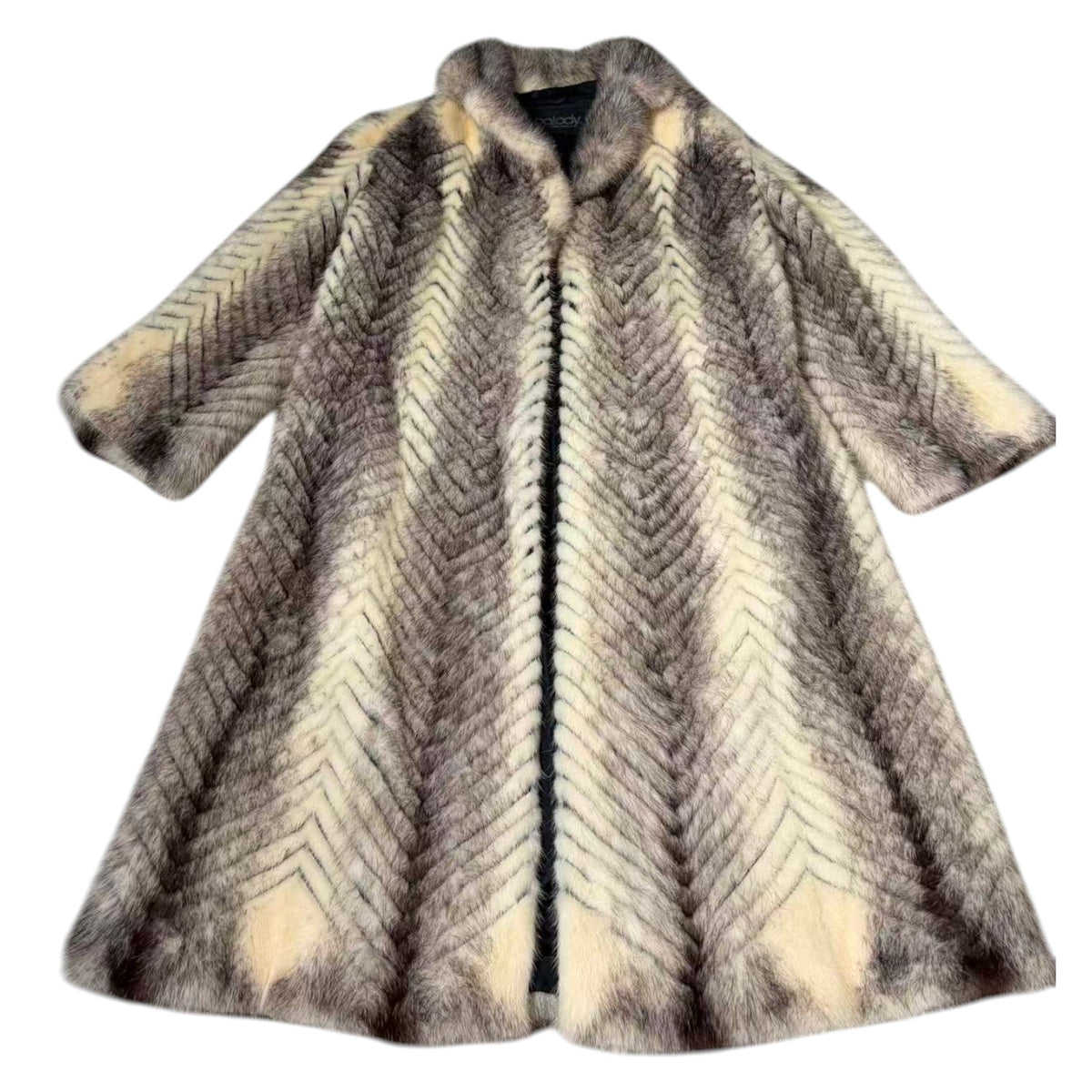 PALODY RARE GREY WHITE MINK FUR COAT CHEVRON HERRINGBONE LONG JACKET M