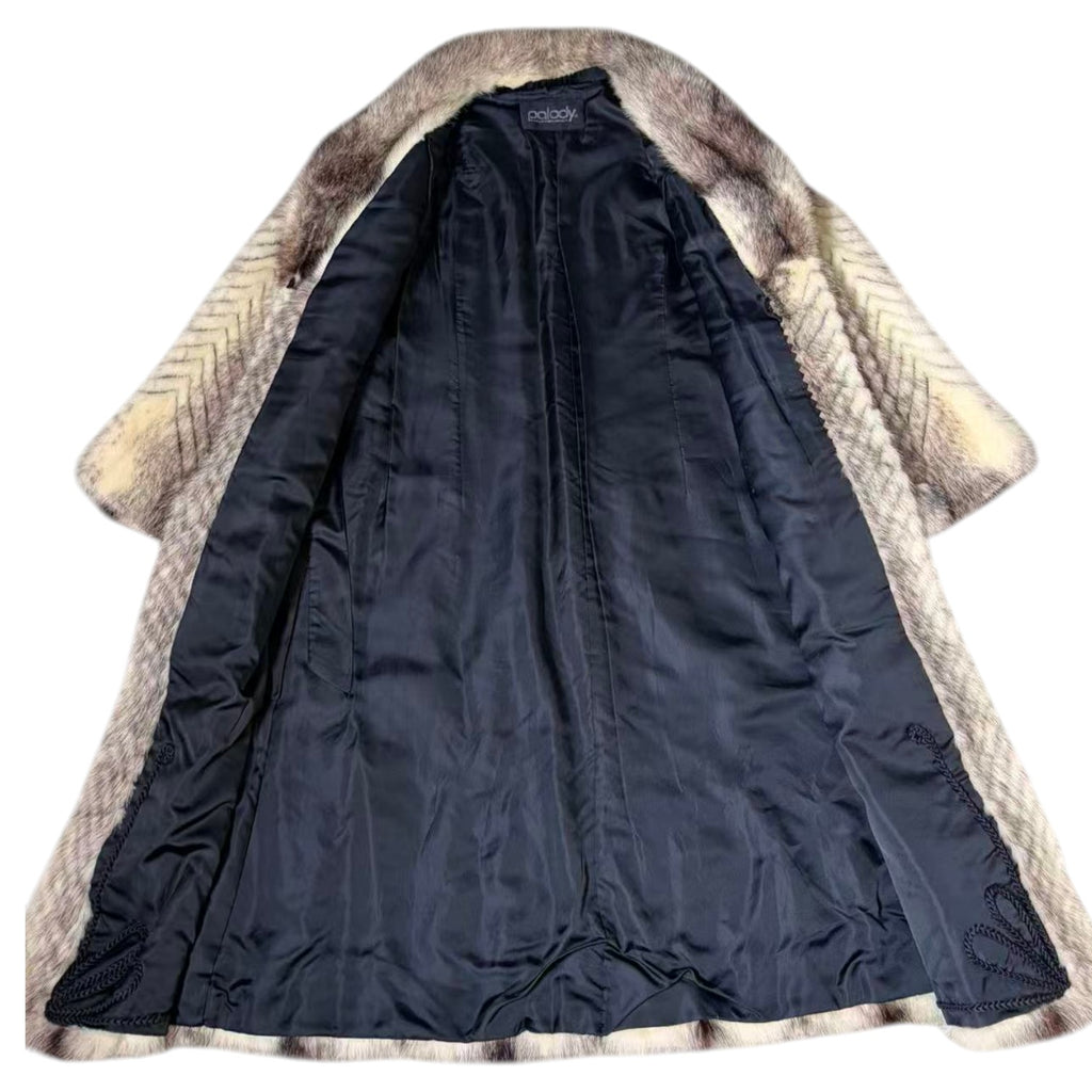 PALODY RARE GREY WHITE MINK FUR COAT CHEVRON HERRINGBONE LONG JACKET M