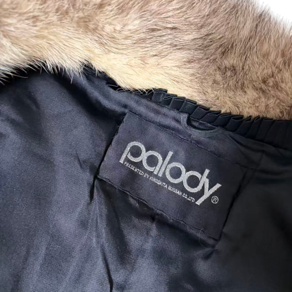 PALODY RARE GREY WHITE MINK FUR COAT CHEVRON HERRINGBONE LONG JACKET M