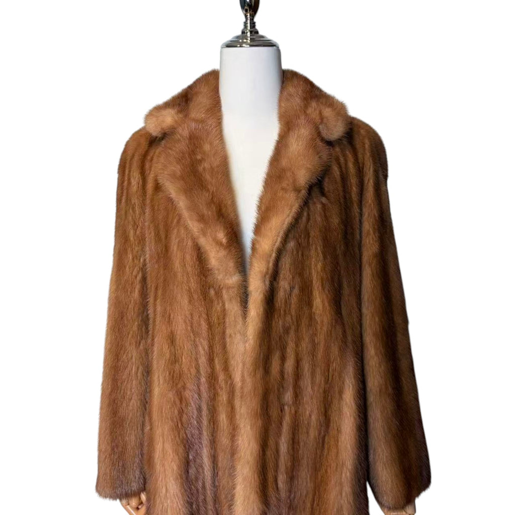 ARIANNA PASTEL MINK FUR COAT LONG JACKET SHAWL COLLAR LIGHT BROWN