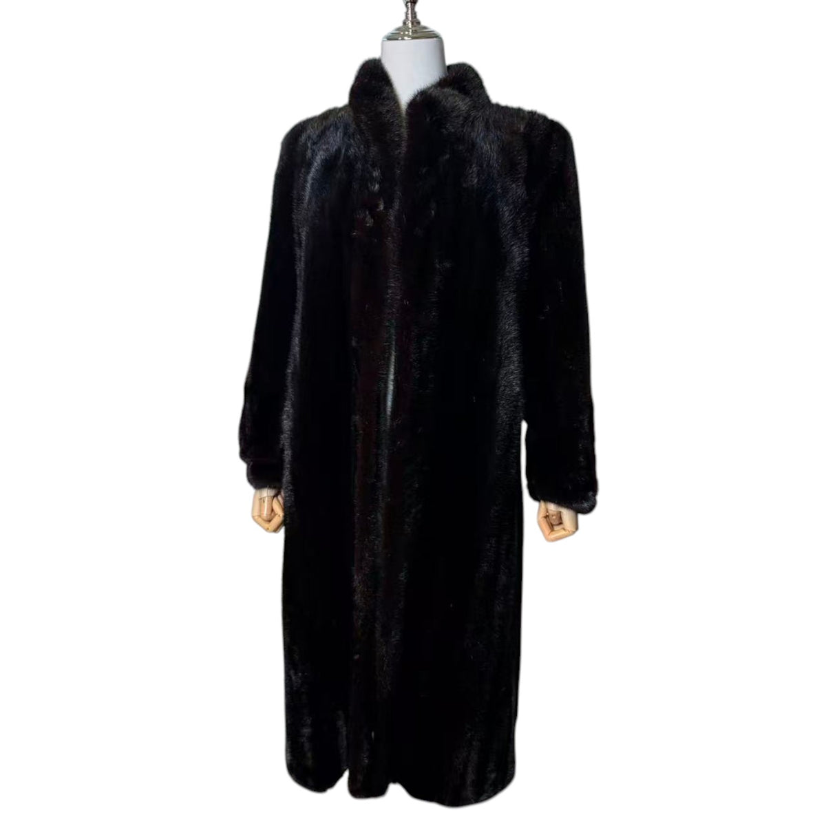 GLOSSY BLACK REAL MINK FUR LONG COAT JACKET ELASTIC CUFFS SHOULDER PADS