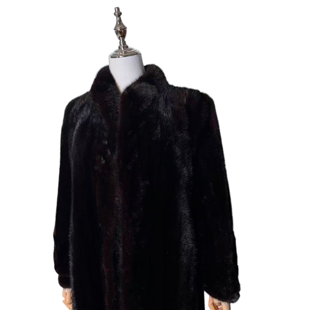 GLOSSY BLACK REAL MINK FUR LONG COAT JACKET ELASTIC CUFFS SHOULDER PADS