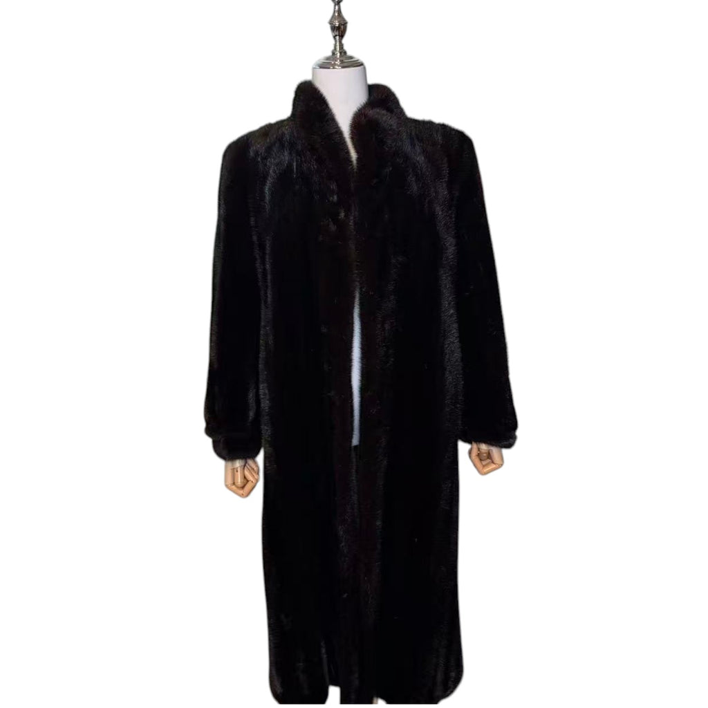 GLOSSY BLACK REAL MINK FUR LONG COAT JACKET ELASTIC CUFFS SHOULDER PADS
