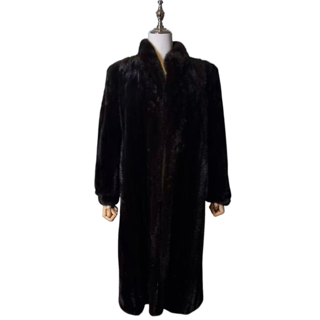 GLOSSY BLACK REAL MINK FUR LONG COAT JACKET ELASTIC CUFFS SHOULDER PADS