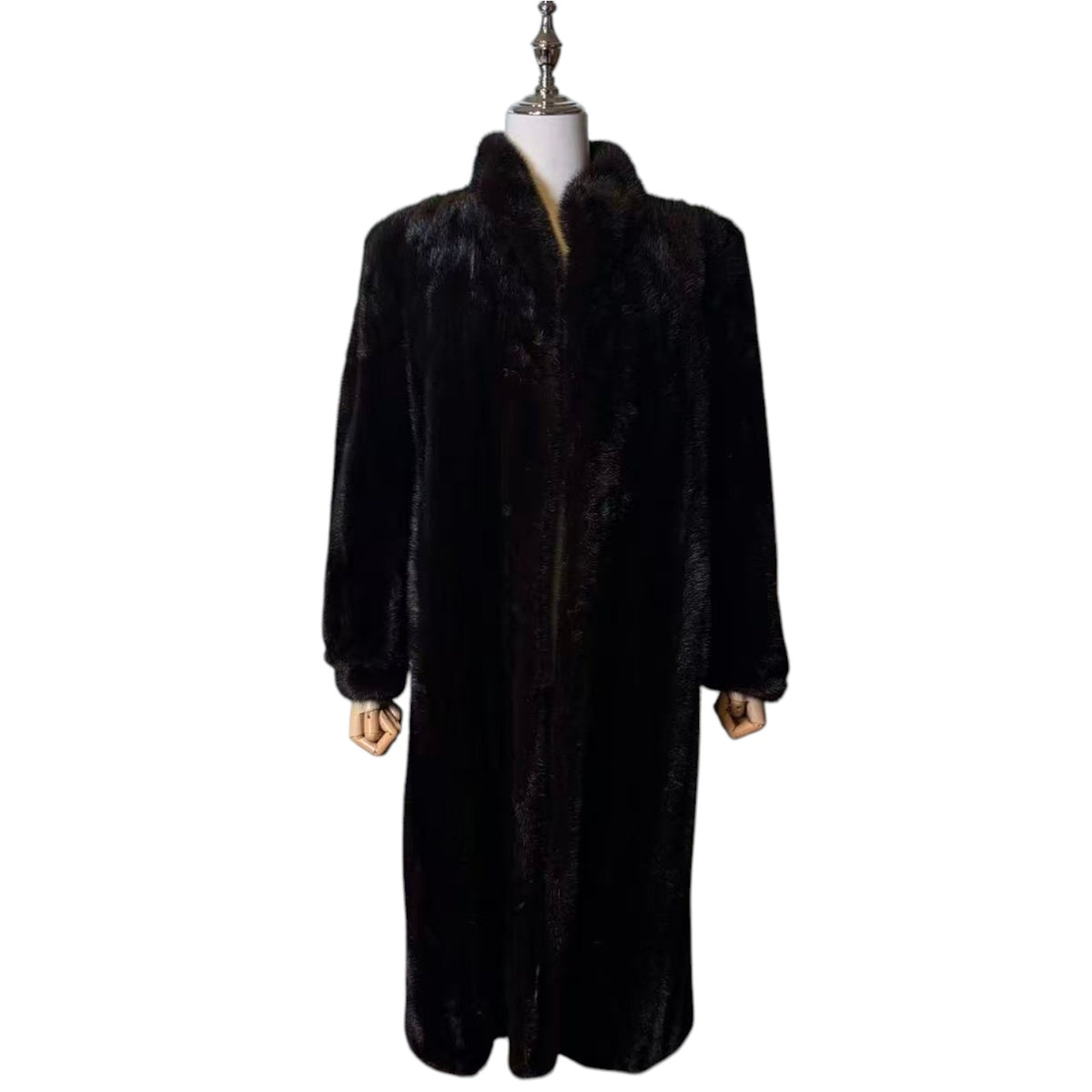 GLOSSY BLACK REAL MINK FUR LONG COAT JACKET ELASTIC CUFFS SHOULDER PADS