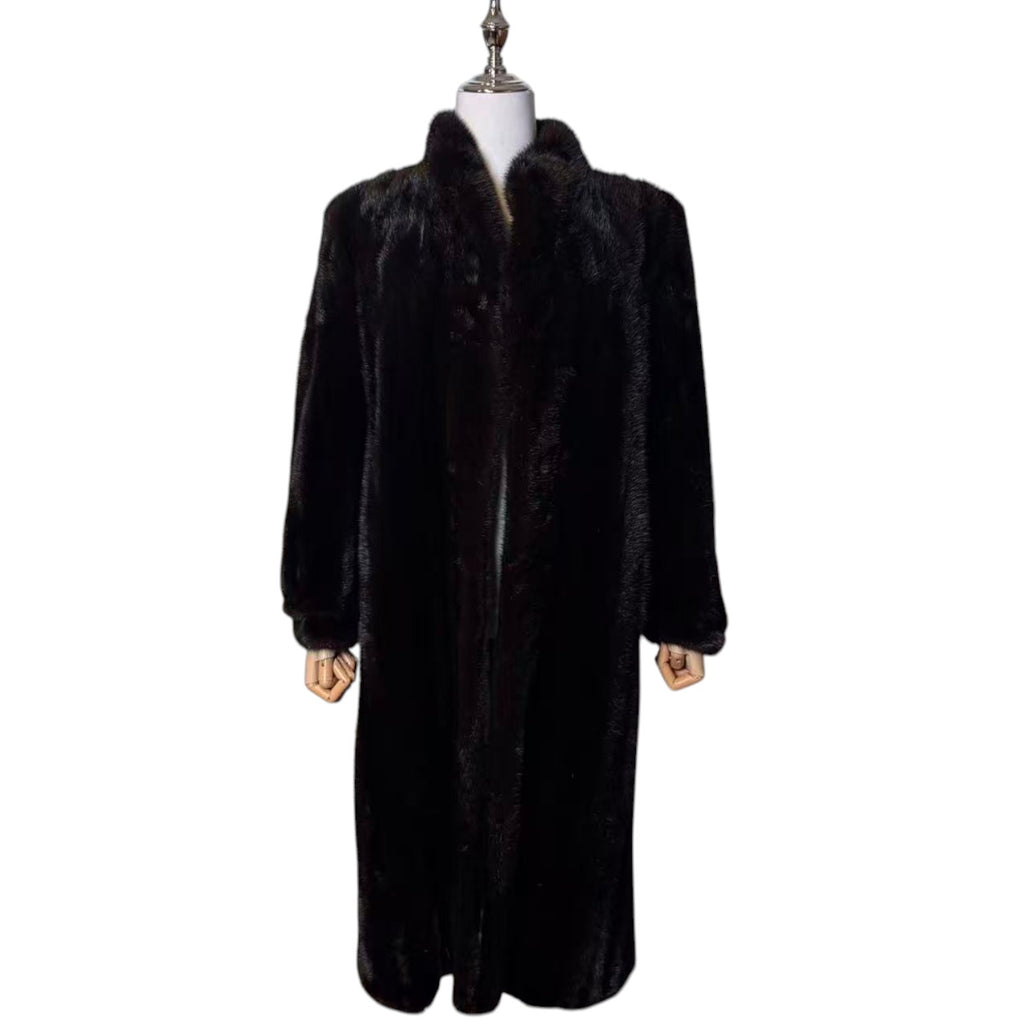 GLOSSY BLACK REAL MINK FUR LONG COAT JACKET ELASTIC CUFFS SHOULDER PADS