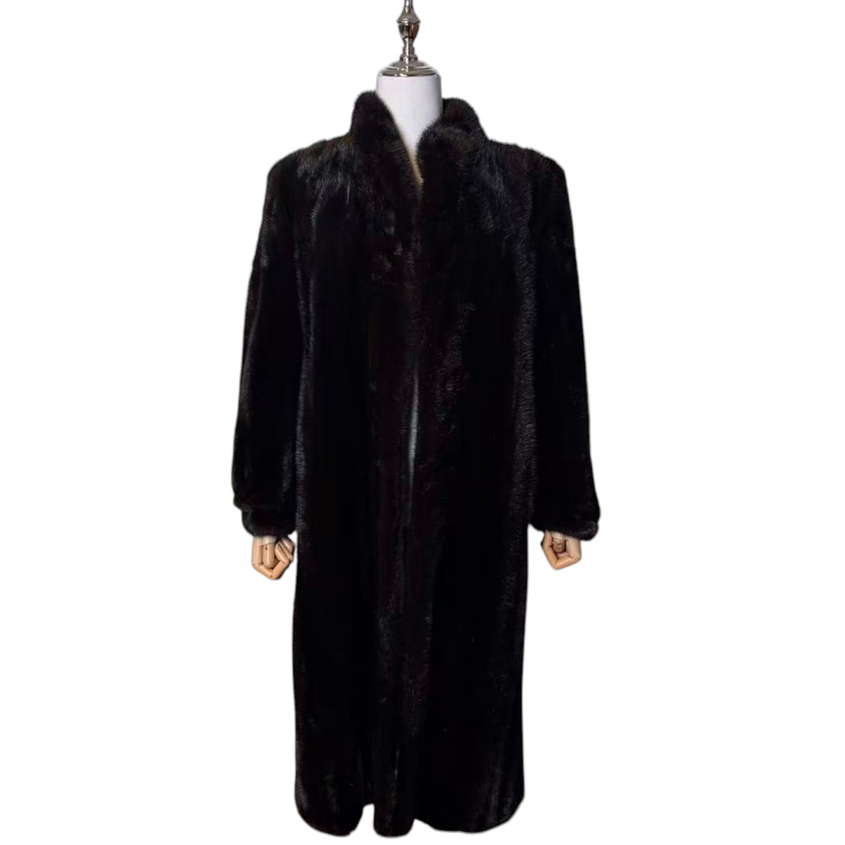 GLOSSY BLACK REAL MINK FUR LONG COAT JACKET ELASTIC CUFFS SHOULDER PADS