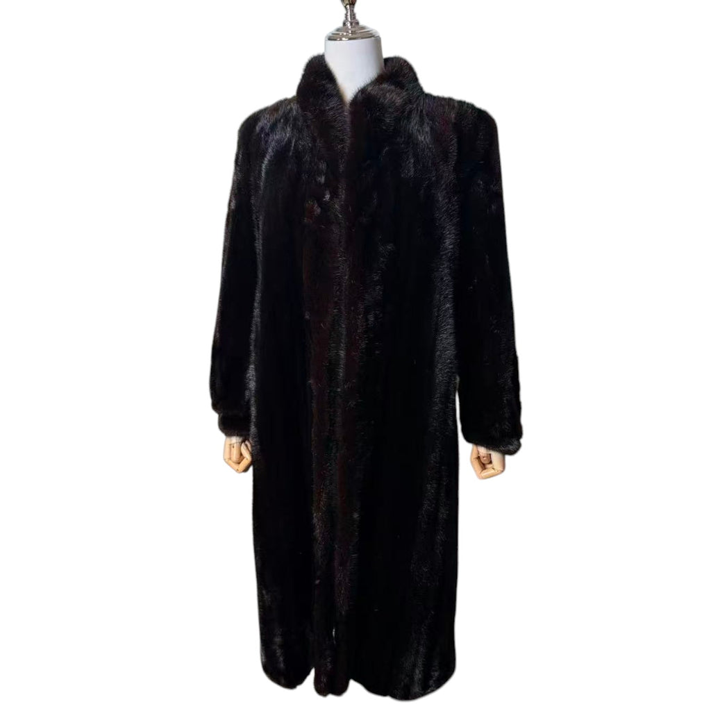 GLOSSY BLACK REAL MINK FUR LONG COAT JACKET ELASTIC CUFFS SHOULDER PADS