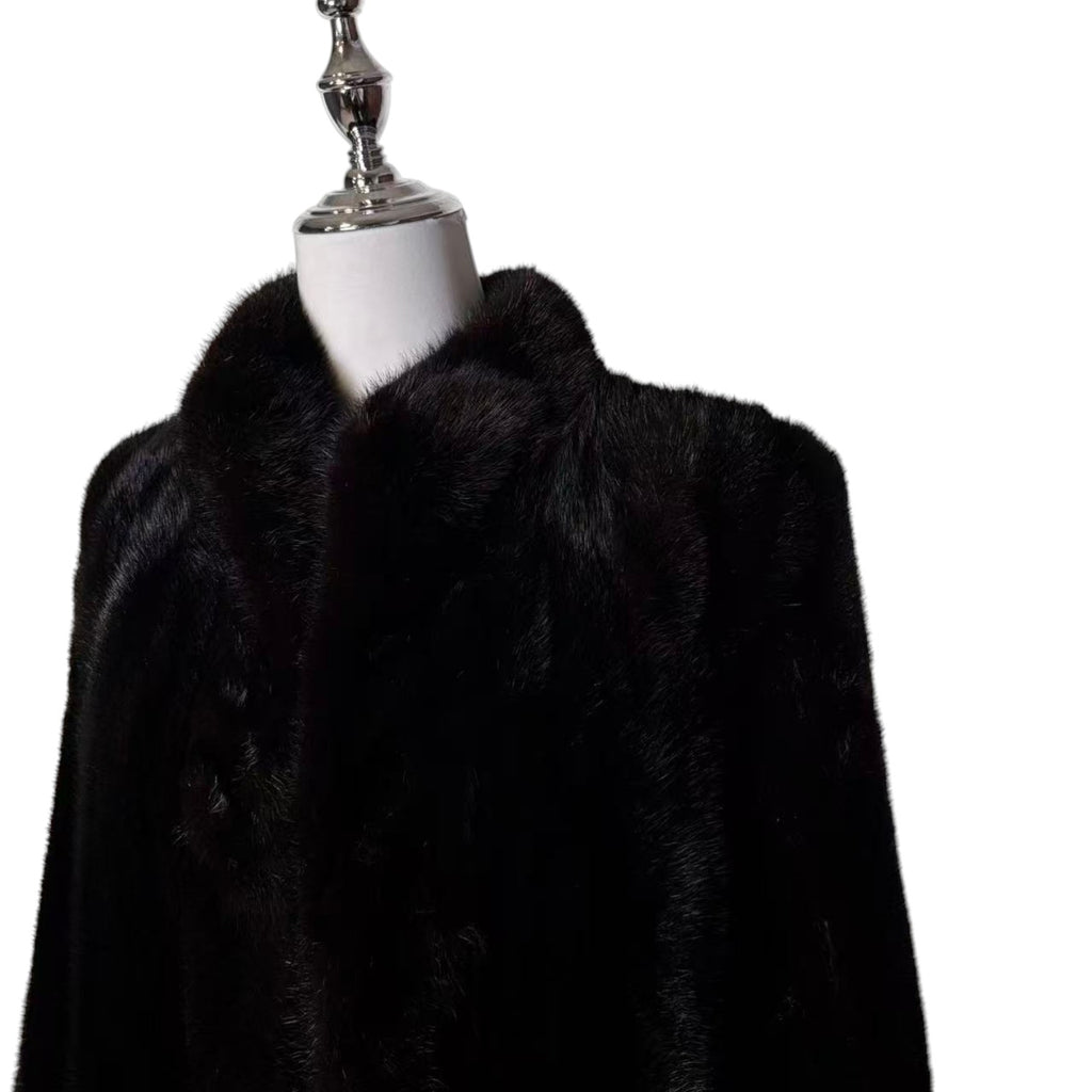 GLOSSY BLACK REAL MINK FUR LONG COAT JACKET ELASTIC CUFFS SHOULDER PADS