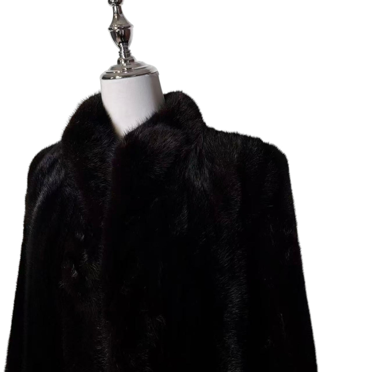 GLOSSY BLACK REAL MINK FUR LONG COAT JACKET ELASTIC CUFFS SHOULDER PADS