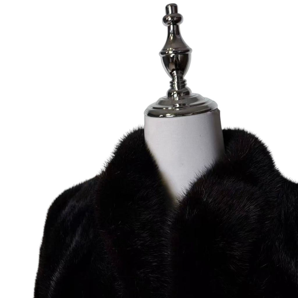 GLOSSY BLACK REAL MINK FUR LONG COAT JACKET ELASTIC CUFFS SHOULDER PADS