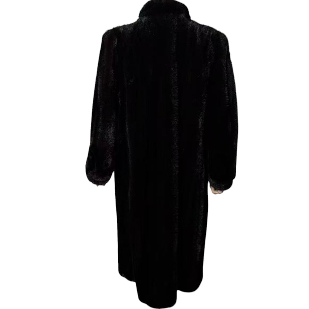 GLOSSY BLACK REAL MINK FUR LONG COAT JACKET ELASTIC CUFFS SHOULDER PADS