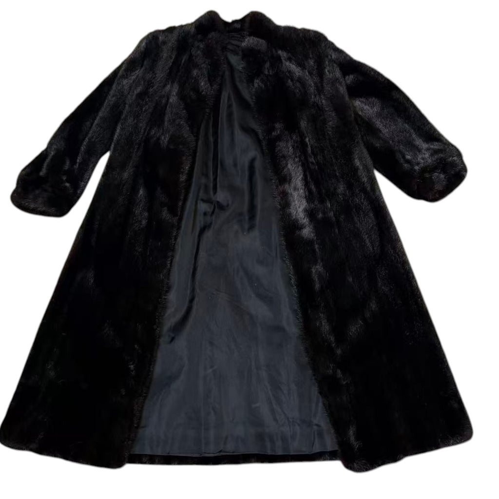 GLOSSY BLACK REAL MINK FUR LONG COAT JACKET ELASTIC CUFFS SHOULDER PADS