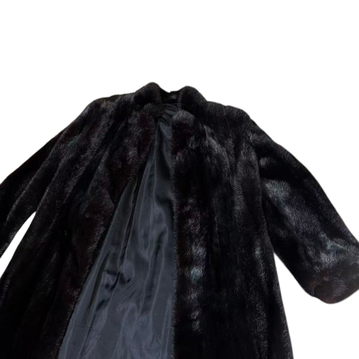 GLOSSY BLACK REAL MINK FUR LONG COAT JACKET ELASTIC CUFFS SHOULDER PADS