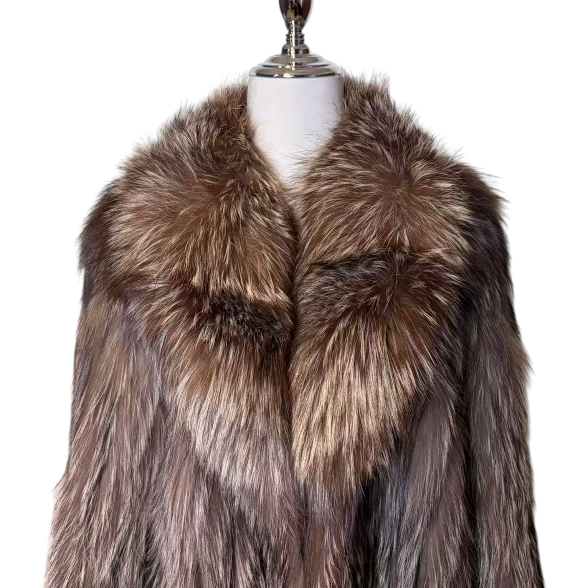 REAL SILVER FOX FUR COAT MID-LENGTH JACKET OVERSIZED COLLAR LIGHTWEIGHT