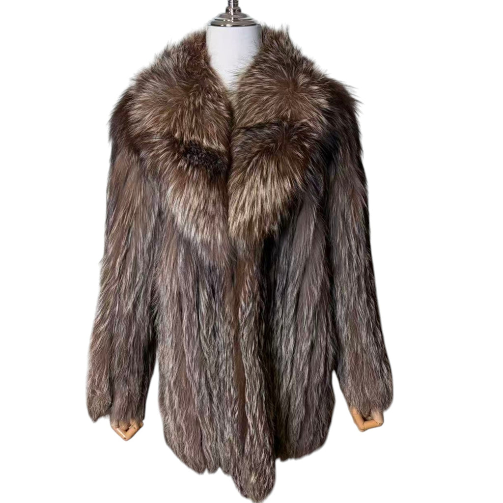 REAL SILVER FOX FUR COAT MID-LENGTH JACKET OVERSIZED COLLAR LIGHTWEIGHT