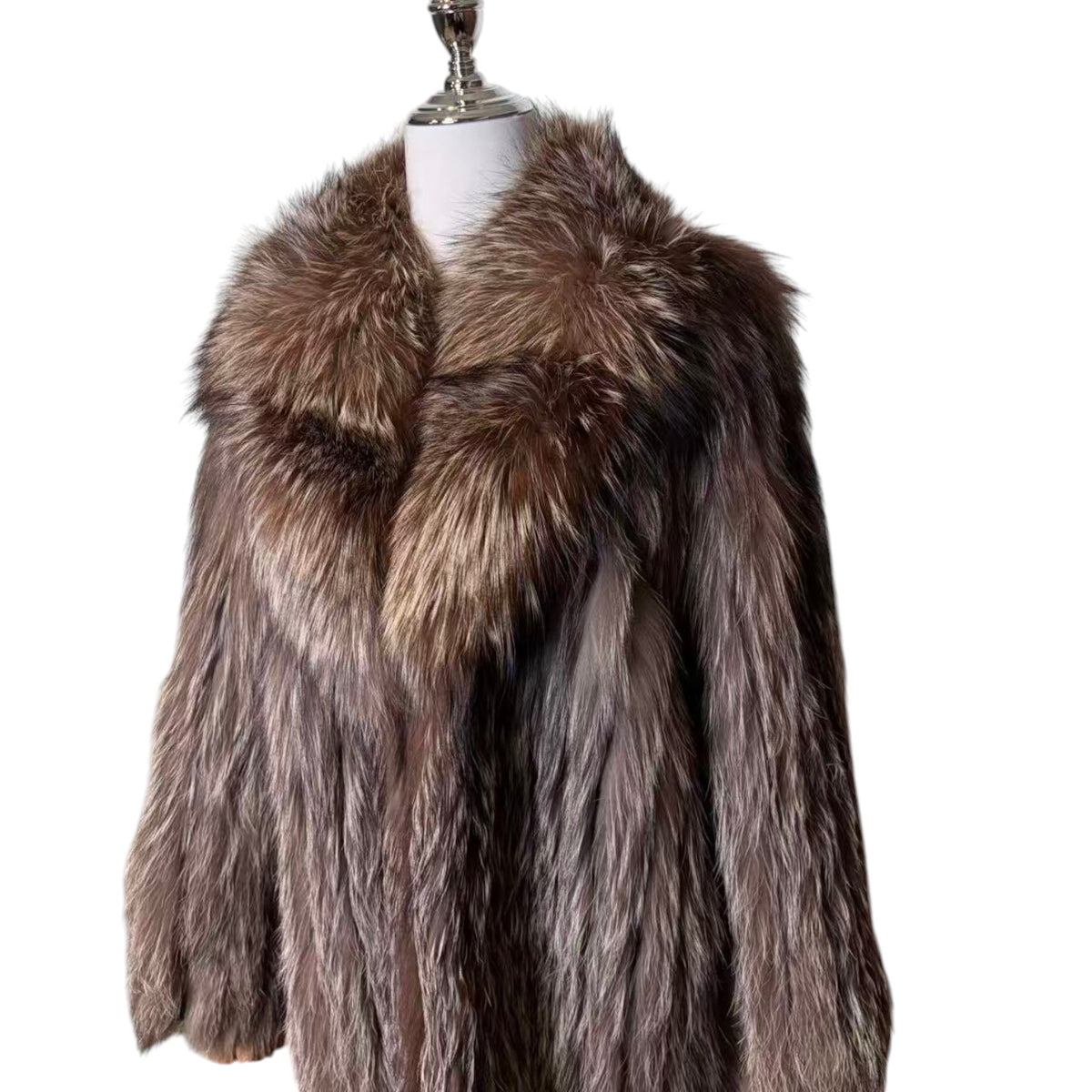 REAL SILVER FOX FUR COAT MID-LENGTH JACKET OVERSIZED COLLAR LIGHTWEIGHT