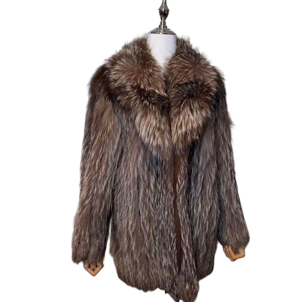 REAL SILVER FOX FUR COAT MID-LENGTH JACKET OVERSIZED COLLAR LIGHTWEIGHT