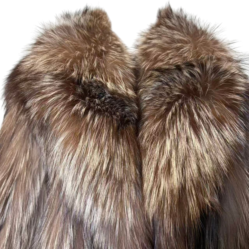 REAL SILVER FOX FUR COAT MID-LENGTH JACKET OVERSIZED COLLAR LIGHTWEIGHT