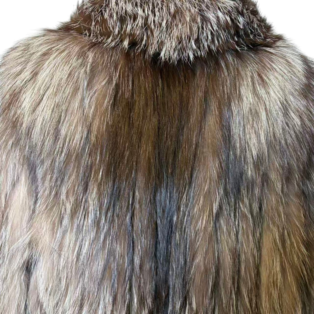 REAL SILVER FOX FUR COAT MID-LENGTH JACKET OVERSIZED COLLAR LIGHTWEIGHT