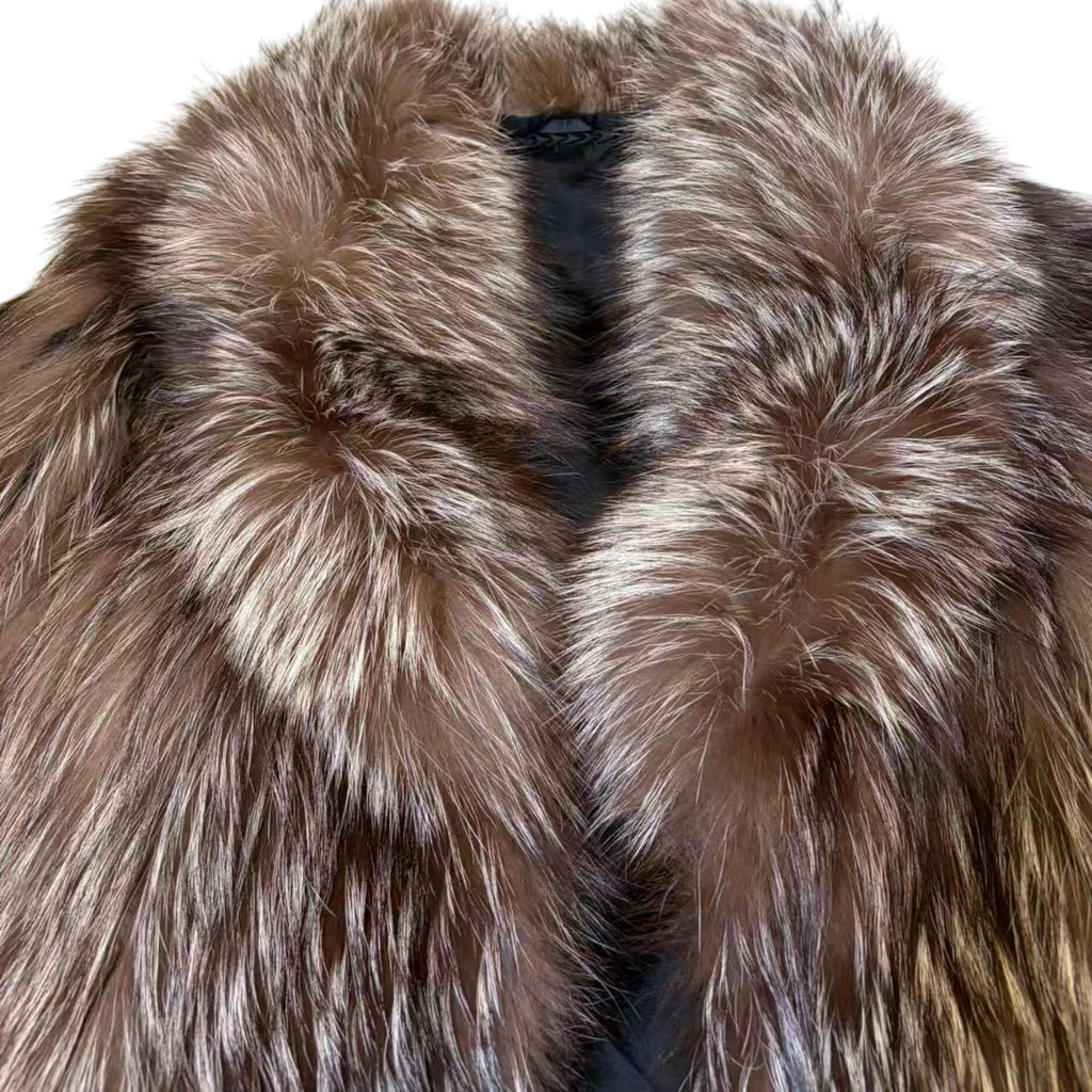 REAL SILVER FOX FUR COAT MID-LENGTH JACKET OVERSIZED COLLAR LIGHTWEIGHT