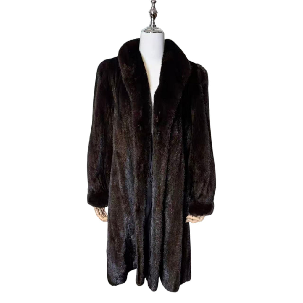 SAGA MINK ROYAL BLACK MINK FUR LONG COAT JACKET SHAWL COLLAR SIZE L