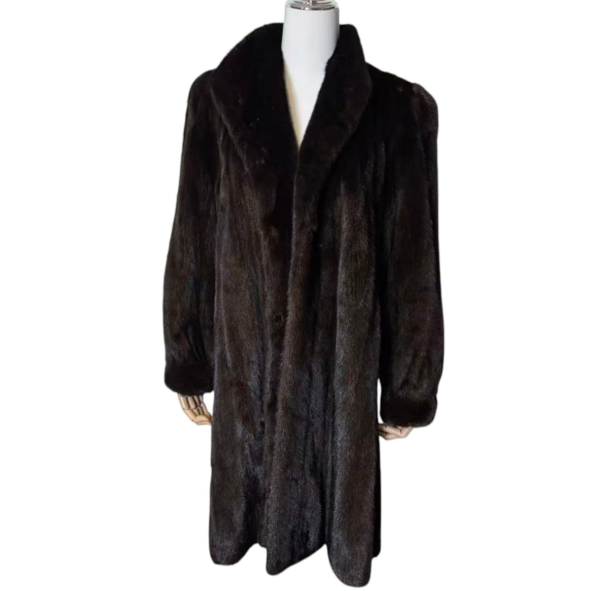 SAGA MINK ROYAL BLACK MINK FUR LONG COAT JACKET SHAWL COLLAR SIZE L