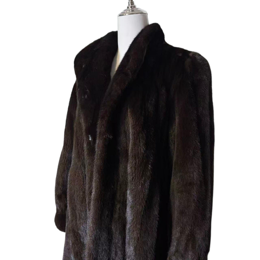 SAGA MINK ROYAL BLACK MINK FUR LONG COAT JACKET SHAWL COLLAR SIZE L