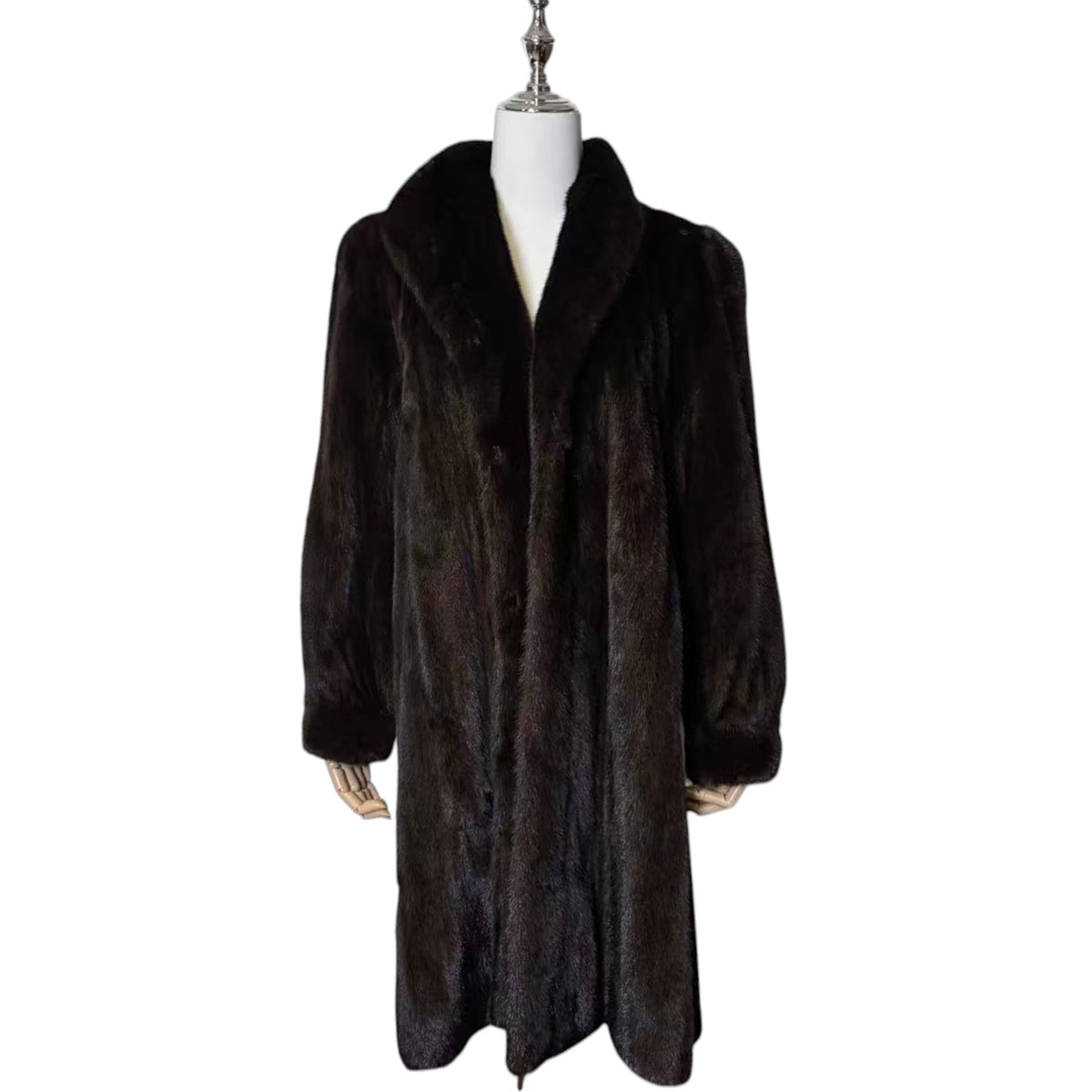 SAGA MINK ROYAL BLACK MINK FUR LONG COAT JACKET SHAWL COLLAR SIZE L
