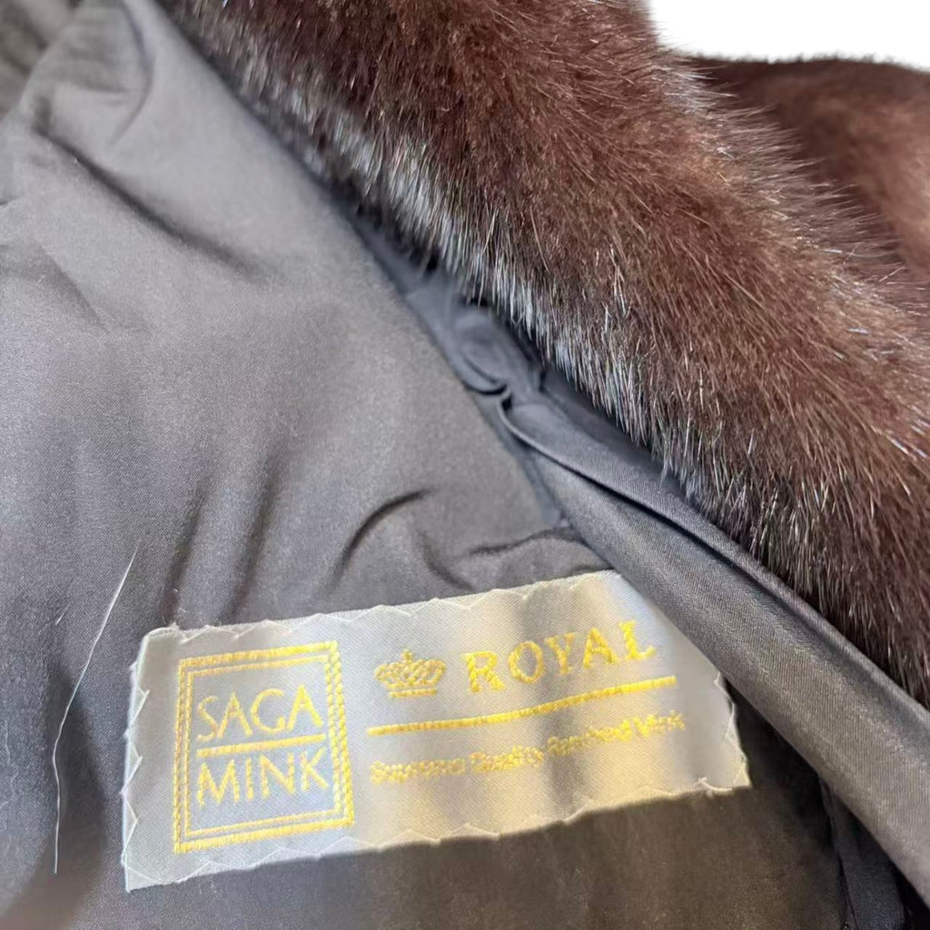 SAGA MINK ROYAL BLACK MINK FUR LONG COAT JACKET SHAWL COLLAR SIZE L