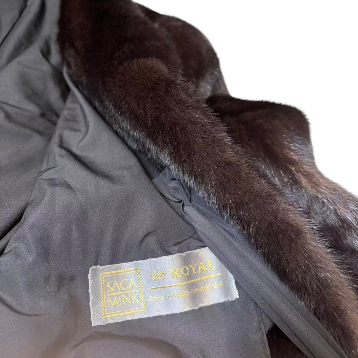 SAGA MINK ROYAL BLACK MINK FUR LONG COAT JACKET SHAWL COLLAR SIZE L