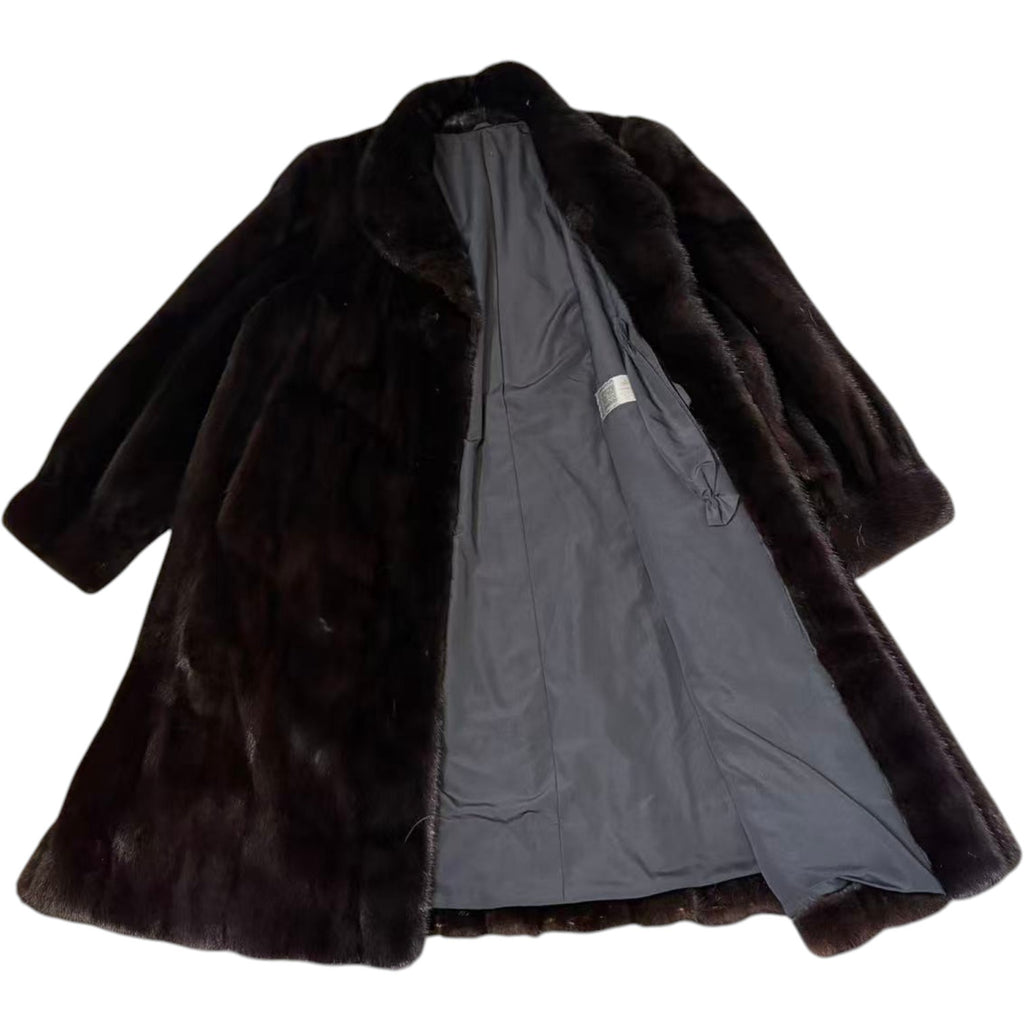 SAGA MINK ROYAL BLACK MINK FUR LONG COAT JACKET SHAWL COLLAR SIZE L