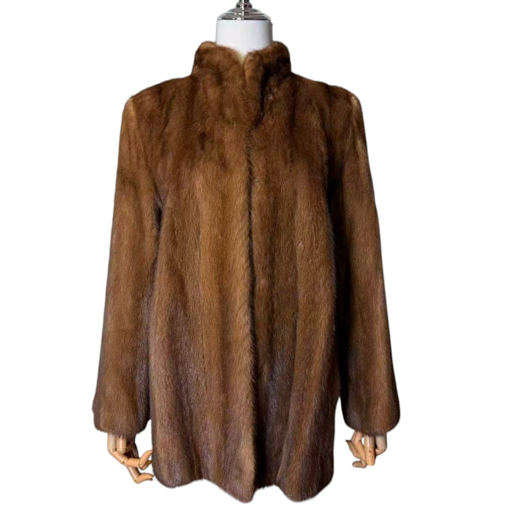 SAGA MINK GOLD LABEL LIGHT BROWN MINK FUR MID COAT STAND COLLAR SIZE L