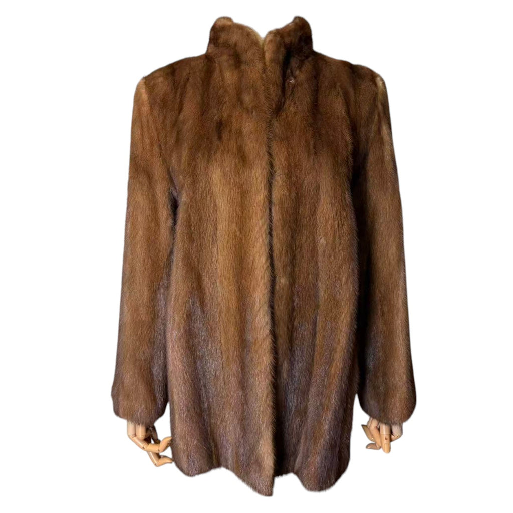 SAGA MINK GOLD LABEL LIGHT BROWN MINK FUR MID COAT STAND COLLAR SIZE L