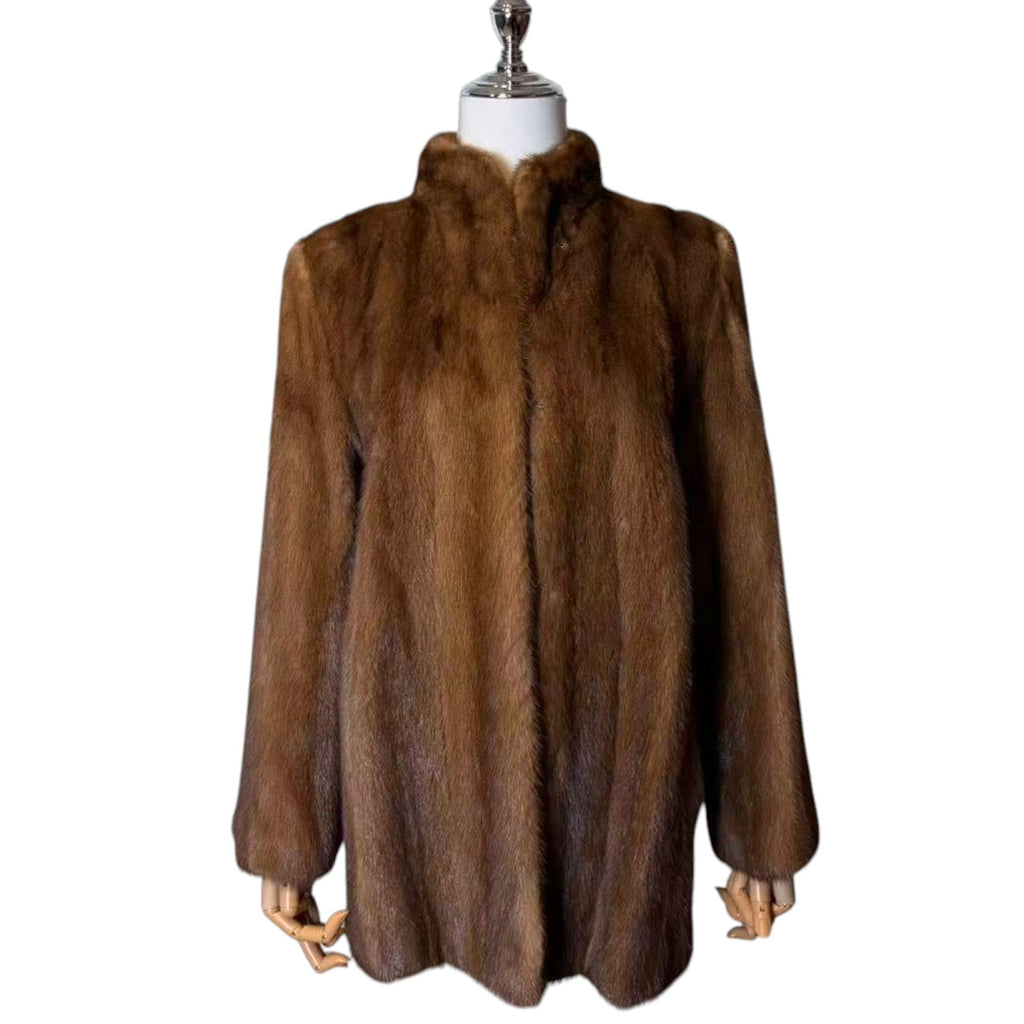 SAGA MINK GOLD LABEL LIGHT BROWN MINK FUR MID COAT STAND COLLAR SIZE L