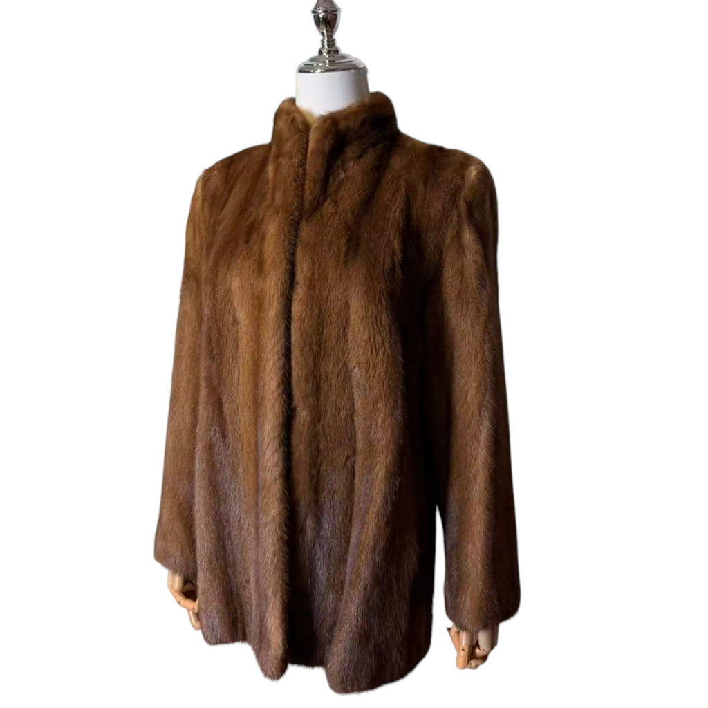 SAGA MINK GOLD LABEL LIGHT BROWN MINK FUR MID COAT STAND COLLAR SIZE L