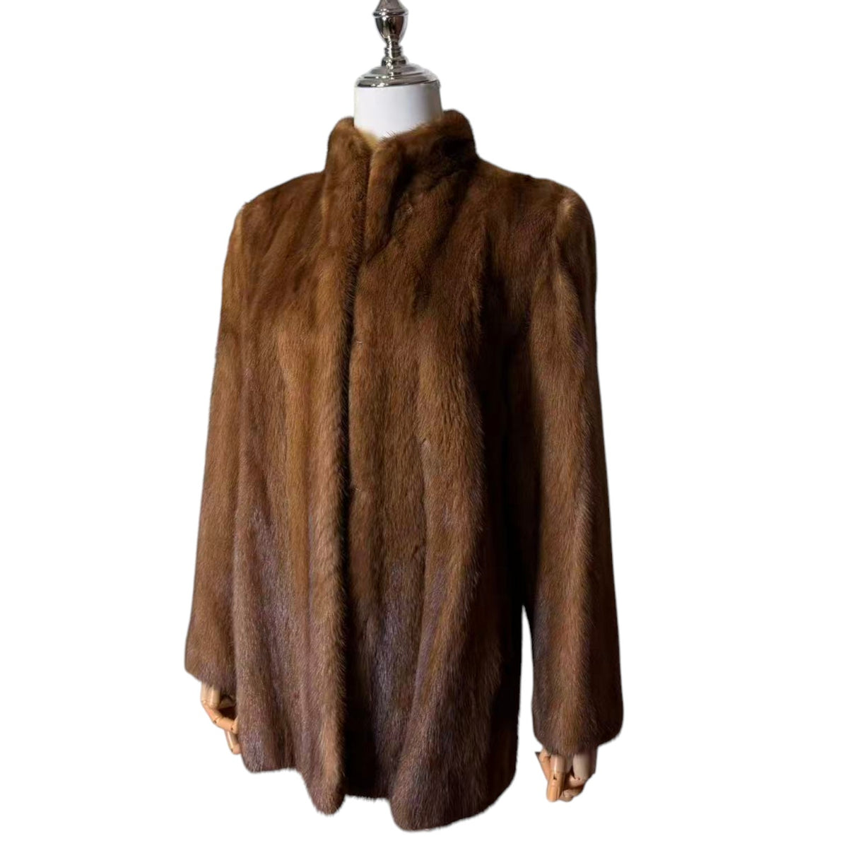 SAGA MINK GOLD LABEL LIGHT BROWN MINK FUR MID COAT STAND COLLAR SIZE L